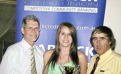 Warwick Credit Union CEO John Brown, junior sports star of the year Tegan Warrener and Daily News sports reporter Gerard Walsh at the awards night at the Condamine Sports Club. Warwick Credit Union CEO John Brown, junior sports star of the year Tegan Warrener and Daily News sports reporter Gerard Walsh at the awards night at the Condamine Sports Club.