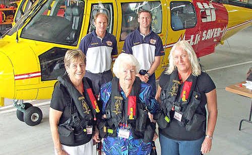 Trying on the life jackets they paid for are (l-r) Barbara Worthington, Joan Kille and Kerrie Nelson with chief crewman Roger Fry (left) and crewman Jimmy Keough. Trying on the life jackets they paid for are (l-r) Barbara Worthington, Joan Kille and Kerrie Nelson with chief crewman Roger Fry (left) and crewman Jimmy Keough.