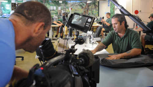 Inmate Chris Smith works on a Street Swags while being filmed for Random Acts of Kindness. Inmate Chris Smith works on a Street Swags while being filmed for Random Acts of Kindness.