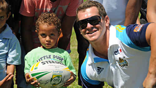 Lenny McKechnie joins Titans’ Greg Bird at the Yarrawarra Aboriginal Culture Centre. Lenny McKechnie joins Titans’ Greg Bird at the Yarrawarra Aboriginal Culture Centre.