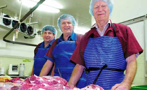Celebrating 130 years in business, three generations of Hutleys work at the Hutley Bros Butchers in South Lismore (from front) Neil Hutley, his son Graham, and grandson David. Celebrating 130 years in business, three generations of Hutleys work at the Hutley Bros Butchers in South Lismore (from front) Neil Hutley, his son Graham, and grandson David.