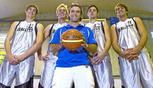 Ballina Breakers coach Marty Smith (centre) is flanked by some of his side’s tall timber (from left) Jake King, Jayden Hetherington, Josh Latkovic and Dario Strebl. Ballina Breakers coach Marty Smith (centre) is flanked by some of his side’s tall timber (from left) Jake King, Jayden Hetherington, Josh Latkovic and Dario Strebl.