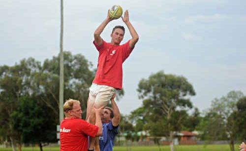Ben Robinson is hoisted into the sky during some lineout training for the Redmen.
Ben Robinson is hoisted into the sky during some lineout training for the Redmen.