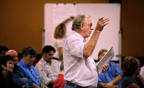 John Melanhorst makes a point at the bridge meeting. John Melanhorst makes a point at the bridge meeting.