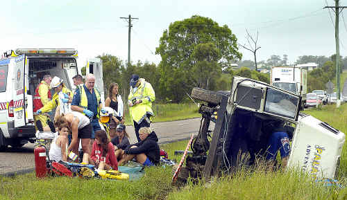 Nine backpackers were injured in a rollover on River Heads Road yesterday but, thankfully, no lives were lost. Nine backpackers were injured in a rollover on River Heads Road yesterday but, thankfully, no lives were lost.