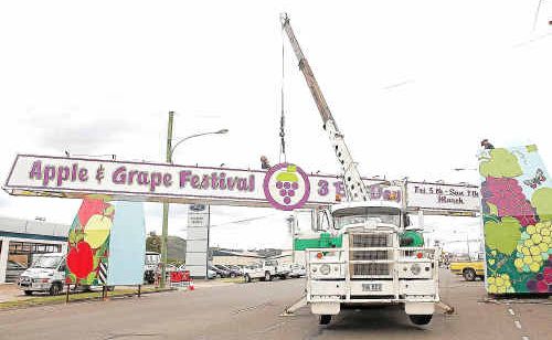 All ready for fruity festivities: The arches being raised for the Apple and Grape Harvest Festival, which kicks off tomorrow. All ready for fruity festivities: The arches being raised for the Apple and Grape Harvest Festival, which kicks off tomorrow.