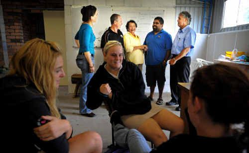 From left, Carolyn Wilkes, Glen Sullivan, Jannay Daley, Wes Fernando and Avery Brown talk at an information session for the South Grafton shed project. From left, Carolyn Wilkes, Glen Sullivan, Jannay Daley, Wes Fernando and Avery Brown talk at an information session for the South Grafton shed project.