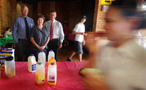 South High principal Brian Heath, head teacher welfare Jo Foley and Bendigo Bank manager Des Plunkett watch as South High students use the breakfast club provided by the school. South High principal Brian Heath, head teacher welfare Jo Foley and Bendigo Bank manager Des Plunkett watch as South High students use the breakfast club provided by the school.