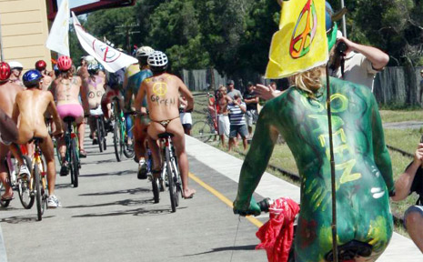 Riders head down the platform at Byron Bay railway station on Sunday afternoon at the start of the World Naked Bike Ride. Riders head down the platform at Byron Bay railway station on Sunday afternoon at the start of the World Naked Bike Ride.