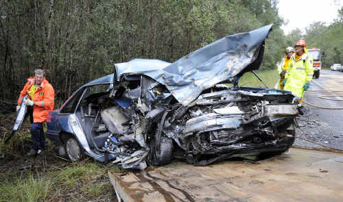 A man and a woman died after this car was involved in a head-on collision 25 kilometres south of Woodburn. A man and a woman died after this car was involved in a head-on collision 25 kilometres south of Woodburn.