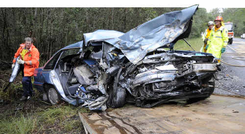 The crumbled remains of the car in which a Queensland husband and wife lost their lives after being hit head-on by a car driven by a 17-year-old P-plater south of Woodburn. The crumbled remains of the car in which a Queensland husband and wife lost their lives after being hit head-on by a car driven by a 17-year-old P-plater south of Woodburn.