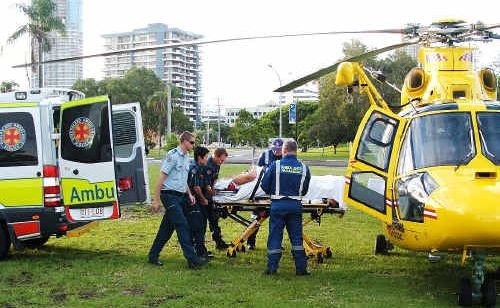 The injured Nymboida man arrives at Gold Coast hospital on Sunday night after a tractor mishap which caused facial and neck injuries. The injured Nymboida man arrives at Gold Coast hospital on Sunday night after a tractor mishap which caused facial and neck injuries.