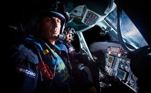 Rescue helicopter pilot Marty Hanna and veteran crewman Michael Kerry ready for take-off on a night mission. Rescue helicopter pilot Marty Hanna and veteran crewman Michael Kerry ready for take-off on a night mission.