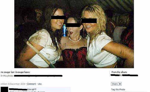 A Facebook shot of the two students who dressed as the teachers at a party, which inspired the teachers to take the ‘payback’ shots of them in schoolgirl outfits. A Facebook shot of the two students who dressed as the teachers at a party, which inspired the teachers to take the ‘payback’ shots of them in schoolgirl outfits.