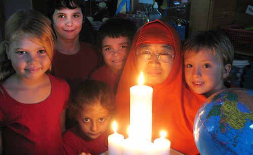 Getting ready for Earth Hour this Friday is Vistara Primary School principal Didi Ananda Vitandra with students (l-r) Bridie Hermen-Bromley, Ethan Hamlyn-Edwards, Murray Roberts, Caleb Patterson and Sirena Youngfields (front). Getting ready for Earth Hour this Friday is Vistara Primary School principal Didi Ananda Vitandra with students (l-r) Bridie Hermen-Bromley, Ethan Hamlyn-Edwards, Murray Roberts, Caleb Patterson and Sirena Youngfields (front).