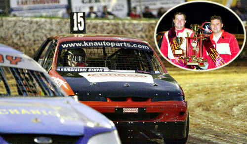 Gympie speedway driver Tim Atkins (right inset) and passenger Cameron Klee celebrate winning the 25th Queensland Street Sedan Title at Mothar Mountain over the Easter long weekend. The pair overcame a disqualification in the second heat and engine malfunctions to take out the feature final in convincing style after qualifying in 12th position. Gympie speedway driver Tim Atkins (right inset) and passenger Cameron Klee celebrate winning the 25th Queensland Street Sedan Title at Mothar Mountain over the Easter long weekend. The pair overcame a disqualification in the second heat and engine malfunctions to take out the feature final in convincing style after qualifying in 12th position.