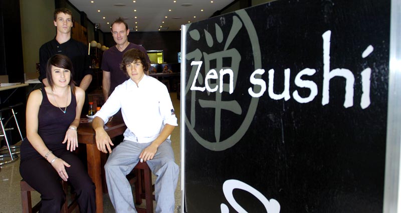 Zen Sushi owner Craig Alexander (back right) has helped (front) Kayleigh Filicietti, apprentice chefs Matthew Winner (back) and Gabriel Zenz-McCarthy into Australia's growing wokrforce. Zen Sushi owner Craig Alexander (back right) has helped (front) Kayleigh Filicietti, apprentice chefs Matthew Winner (back) and Gabriel Zenz-McCarthy into Australia's growing wokrforce.