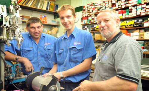 Lindsay Kliendienst, centre, with his tutor Mark Nixon, right, and Grafton Locksmiths owner Neil Hayton. Lindsay Kliendienst, centre, with his tutor Mark Nixon, right, and Grafton Locksmiths owner Neil Hayton.
