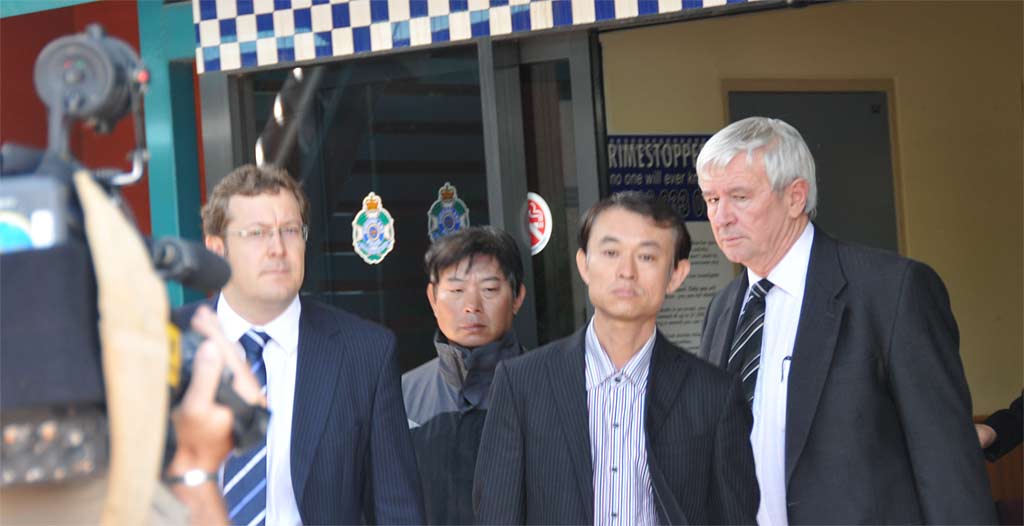 Solicitor Matthew Hockaday, Shen Neng 1 chief-officer-on-watch Xuegang Wang, Captain Jichang Wang and barrister Tony Glynn leave the city's courts precinct yesterday. Solicitor Matthew Hockaday, Shen Neng 1 chief-officer-on-watch Xuegang Wang, Captain Jichang Wang and barrister Tony Glynn leave the city's courts precinct yesterday.