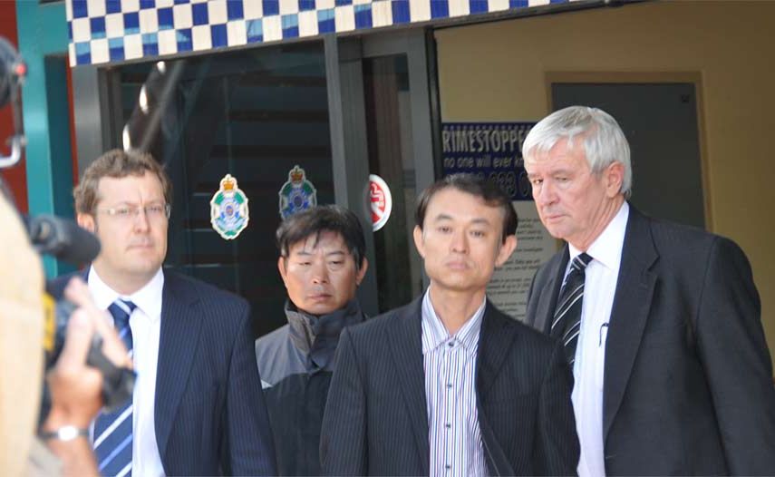 Solicitor Matthew Hockaday, Shen Neng 1 chief-officer-on-watch Xuegang Wang, Captain Jichang Wang and barrister Tony Glynn leave the city's courts precinct yesterday. Solicitor Matthew Hockaday, Shen Neng 1 chief-officer-on-watch Xuegang Wang, Captain Jichang Wang and barrister Tony Glynn leave the city's courts precinct yesterday.