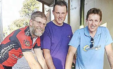 Assistance needed: Barry Morrice, a cyclist from Narrandera, with (back) Lorin and Dean Nicholson during their Blind Courage Ride this week. Assistance needed: Barry Morrice, a cyclist from Narrandera, with (back) Lorin and Dean Nicholson during their Blind Courage Ride this week.