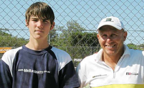 Callum Neal gets final coaching hints from Danny Sousa before the Forster Tennis Open. Callum Neal gets final coaching hints from Danny Sousa before the Forster Tennis Open.