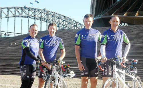 Blind Courage cyclists (from left) Grant Williams, Dean Nicholson, Lorin Nicholson and John Eder arrive at the Sydney Opera House at 8am yesterday. Blind Courage cyclists (from left) Grant Williams, Dean Nicholson, Lorin Nicholson and John Eder arrive at the Sydney Opera House at 8am yesterday.