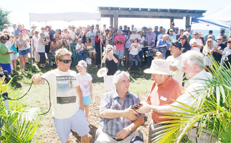 They’re officially open – cutting a legrope to open the Shorty Connors Memorial Stairs at Lennox Point were (from left) Marcus Aboody (Shorty’s nephew), Ballina Mayor Phillip Silver, Shorty’s dad Cyril and Warwick Watkins (Department of Lands). They’re officially open – cutting a legrope to open the Shorty Connors Memorial Stairs at Lennox Point were (from left) Marcus Aboody (Shorty’s nephew), Ballina Mayor Phillip Silver, Shorty’s dad Cyril and Warwick Watkins (Department of Lands).