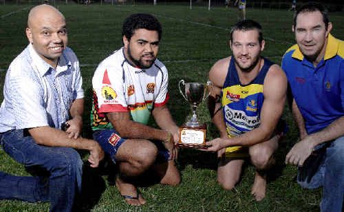 ROUND TWO: Northern United secretary, Grantley Creighton (left) and second-rower Sione Tonga, with Marist Brothers captain Luke Pettit and coach David Krause with the Bundjalung Cup trophy. ROUND TWO: Northern United secretary, Grantley Creighton (left) and second-rower Sione Tonga, with Marist Brothers captain Luke Pettit and coach David Krause with the Bundjalung Cup trophy.