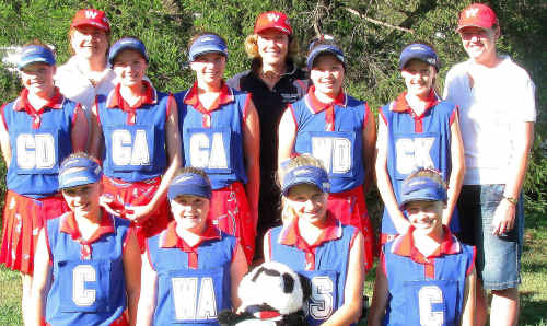 The Warwick 12 years representative netball side which placed third in the State Challenge Carnival (front, from left) Leah Blakemore, Laura Neilsen, Sarah Mantova, Meg Eastwell, (middle) Mikayla Rolfe, Dimity Brackin, Rebecca Lane, Jordan-Lee Ryan, Rachel Kraak, (back) coach Nancy De Prada, manager Leanne Olsen, and coach Helena Fraser. The Warwick 12 years representative netball side which placed third in the State Challenge Carnival (front, from left) Leah Blakemore, Laura Neilsen, Sarah Mantova, Meg Eastwell, (middle) Mikayla Rolfe, Dimity Brackin, Rebecca Lane, Jordan-Lee Ryan, Rachel Kraak, (back) coach Nancy De Prada, manager Leanne Olsen, and coach Helena Fraser.
