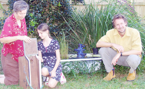 Rita de Heer (left) and Alyssa Garnett, with bat box and innovative frog pond, and Brunswick Valley Landcare trainer Brendan Taylor at a Biodiversity in the Backyard workshop in Rita’s Mullumbimby garden. Rita de Heer (left) and Alyssa Garnett, with bat box and innovative frog pond, and Brunswick Valley Landcare trainer Brendan Taylor at a Biodiversity in the Backyard workshop in Rita’s Mullumbimby garden.