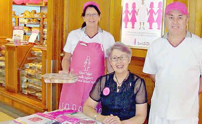 Mari and Gary George with Mayor Jenny Dowell raising funds for breast cancer at Bakers Delight in Lismore Centro. Mari and Gary George with Mayor Jenny Dowell raising funds for breast cancer at Bakers Delight in Lismore Centro.