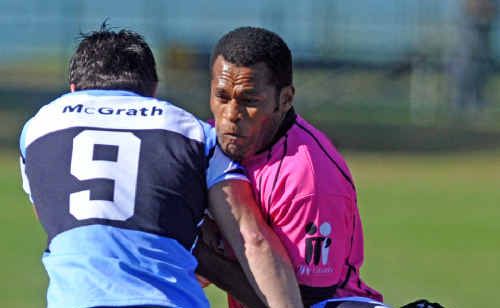 Neori Kuramalawa, Grafton Rhino, takes on Ballina Seagulls’ Number 9 Andrew Battese and Number 13 Kane Montgomery at McKittrick Park. Neori Kuramalawa, Grafton Rhino, takes on Ballina Seagulls’ Number 9 Andrew Battese and Number 13 Kane Montgomery at McKittrick Park.