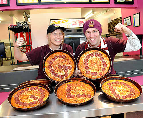 Richard Plukaard and Kaitlin McNeil at Eagle Boys Pizza in Gympie during the State of Origin. Richard Plukaard and Kaitlin McNeil at Eagle Boys Pizza in Gympie during the State of Origin.