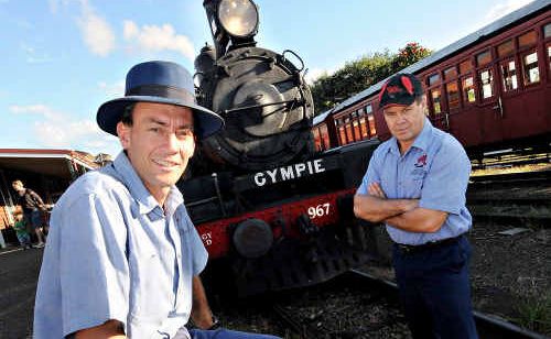 Gympie train driver Peter Alder (front) and Mary Valley Heritage Railway president Tony Hallam are determined to prevent Race the Rattler runners from claiming another victory. Gympie train driver Peter Alder (front) and Mary Valley Heritage Railway president Tony Hallam are determined to prevent Race the Rattler runners from claiming another victory.
