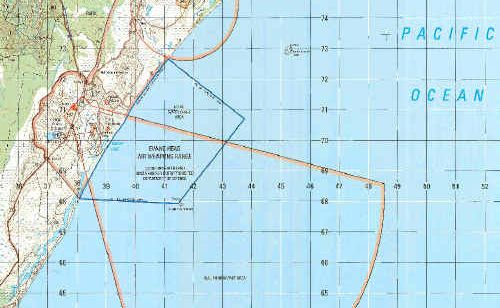 A map of the gazetted Evans Head Weapons Range. The use extends 10km out to sea. The usual no-go zone is marked in blue. A map of the gazetted Evans Head Weapons Range. The use extends 10km out to sea. The usual no-go zone is marked in blue.
