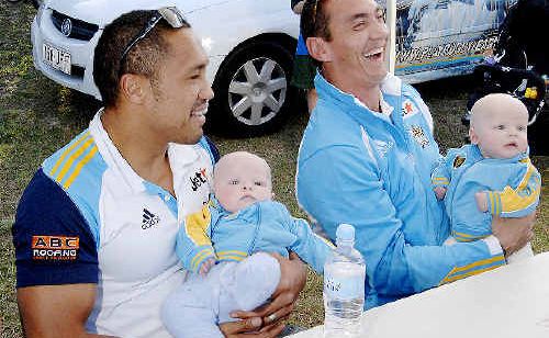 Clinton Toopi and Mat Rogers with some of Lennox Head’s newest locals, five-month-old twins Thomas and Samuel Lyons. Clinton Toopi and Mat Rogers with some of Lennox Head’s newest locals, five-month-old twins Thomas and Samuel Lyons.