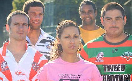 Awareness: Charity event organiser Tamra Forde with Arwin Marcus (Jets), Gene Slockee (South Tweed) James Woods (Seagulls) and Dane Evans (Currumbin). Awareness: Charity event organiser Tamra Forde with Arwin Marcus (Jets), Gene Slockee (South Tweed) James Woods (Seagulls) and Dane Evans (Currumbin).