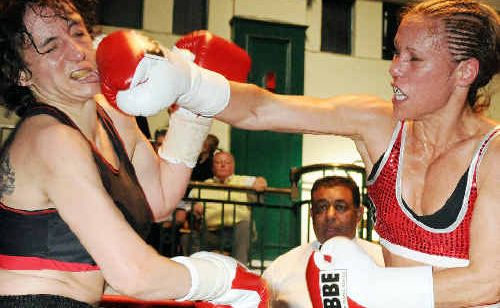 Main Arm’s Laura Saperstein (right) lands a blow on Bulgarian Borislava Goranover in their recent bout at York Hall. Main Arm’s Laura Saperstein (right) lands a blow on Bulgarian Borislava Goranover in their recent bout at York Hall.