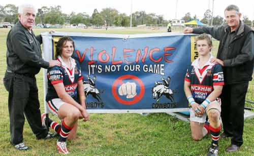 Warwick Rugby League Club secretary Garry Hanson and president Greg Carey with under 18 players Jackson Brookman and Braden Hocking promoting the One Punch Can Kill concept. Warwick Rugby League Club secretary Garry Hanson and president Greg Carey with under 18 players Jackson Brookman and Braden Hocking promoting the One Punch Can Kill concept.