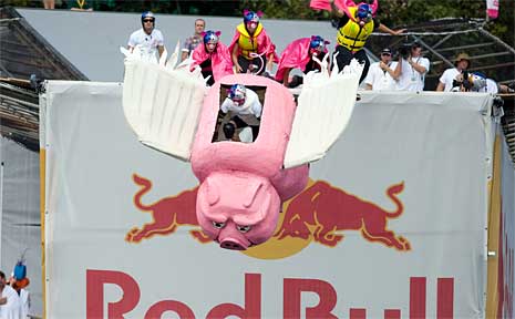 Even pigs fly at the Red Bull Flugtag. Even pigs fly at the Red Bull Flugtag.