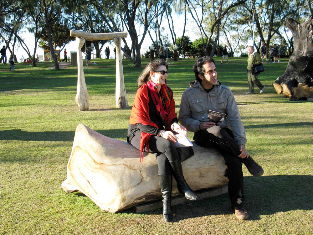 Syrian artist Usama Alnassar with Byron Mayor Cr Jan Barham at the Theatre of Trees installation on Byron Bay’s beachfront. Syrian artist Usama Alnassar with Byron Mayor Cr Jan Barham at the Theatre of Trees installation on Byron Bay’s beachfront.