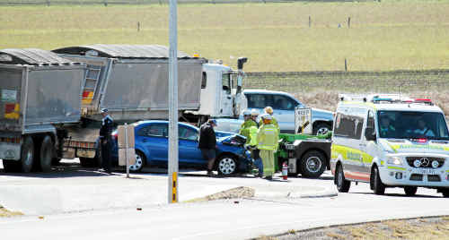Two cars collided at the Eight Mile intersection yesterday, with one man taken to hospital with chest and neck injuries. Two cars collided at the Eight Mile intersection yesterday, with one man taken to hospital with chest and neck injuries.