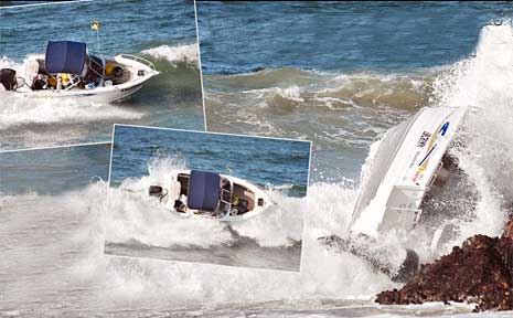 Going, going, gone! A Ballina couple attempting to cross the bar at Evans Head are caught in the treacherous conditions as onshore winds and an outgoing tide bring them to grief on the South Wall. Going, going, gone! A Ballina couple attempting to cross the bar at Evans Head are caught in the treacherous conditions as onshore winds and an outgoing tide bring them to grief on the South Wall.