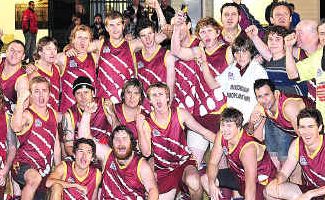 No longer teddy bears: The Maryborough Bears celebrate their Aussie rules win against Bay Power at Bear Park on Saturday night, a victory which saw them move off the bottom-of-the-ladder. No longer teddy bears: The Maryborough Bears celebrate their Aussie rules win against Bay Power at Bear Park on Saturday night, a victory which saw them move off the bottom-of-the-ladder.