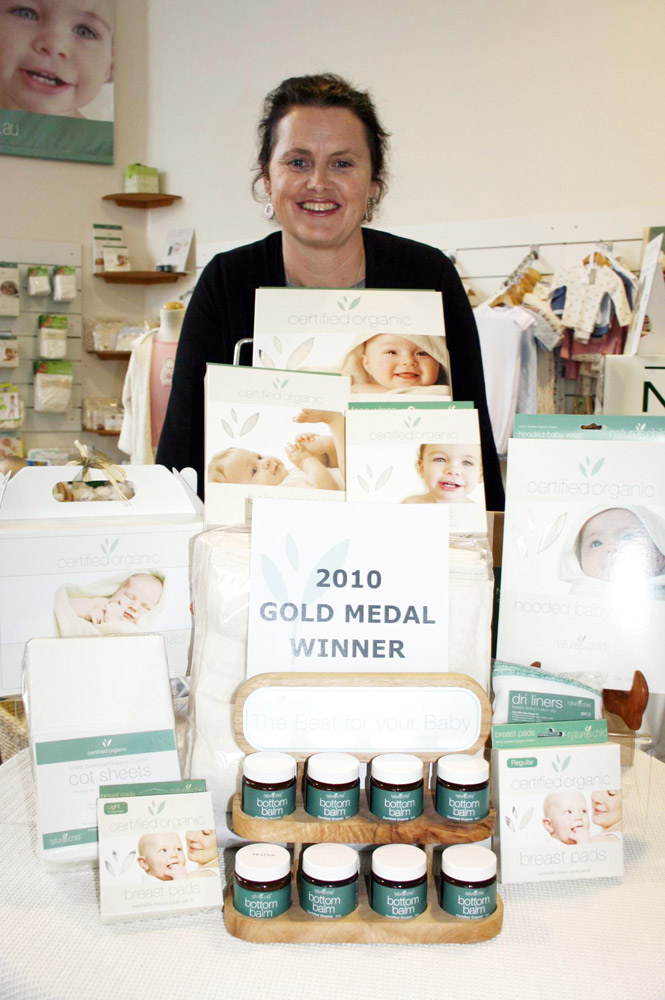 Nature’s Child owner Jannine Barron proudly shows off her organic cotton baby product range which has won a gold medal at the Organic Expo Industry awards. Nature’s Child owner Jannine Barron proudly shows off her organic cotton baby product range which has won a gold medal at the Organic Expo Industry awards.