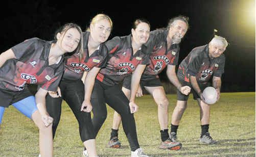 Tyla Curran, Heidi Jones, Crystal McGregor, Heck McGregor and Bob McGregor during their four generations touch football match at Dennis Park, Boyne Island. Tyla Curran, Heidi Jones, Crystal McGregor, Heck McGregor and Bob McGregor during their four generations touch football match at Dennis Park, Boyne Island.