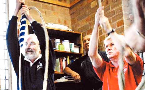 Roped in: Chris Haller and Bruce Butler, two members of the North American Guild of Bellringers invited to St Andrew’s Anglican Church to ring the bells during Monday’s practice session. Roped in: Chris Haller and Bruce Butler, two members of the North American Guild of Bellringers invited to St Andrew’s Anglican Church to ring the bells during Monday’s practice session.
