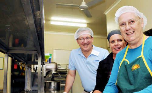 Member for Gympie David Gibson lends a hand to Meals on Wheels cook of six years Barb Brook (centre) and Marcia Smyth for Meals on Wheels Day yesterday. Member for Gympie David Gibson lends a hand to Meals on Wheels cook of six years Barb Brook (centre) and Marcia Smyth for Meals on Wheels Day yesterday.