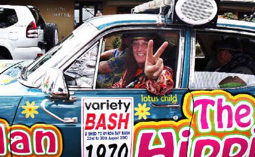 Lindsay Curry (above), one of ‘The Hippies’ in their 1970 Ford Fairlane who were declared the winners of the 26th annual Variety NSW B Shed to Byron Bay Bash, which ended in Byron Bay yesterday. Lindsay Curry (above), one of ‘The Hippies’ in their 1970 Ford Fairlane who were declared the winners of the 26th annual Variety NSW B Shed to Byron Bay Bash, which ended in Byron Bay yesterday.